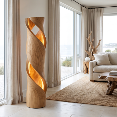 Thaloris Sculpted Helical Integrated LED Wood Floor Lamp Natural Oak - Timberustic Floor Lamp