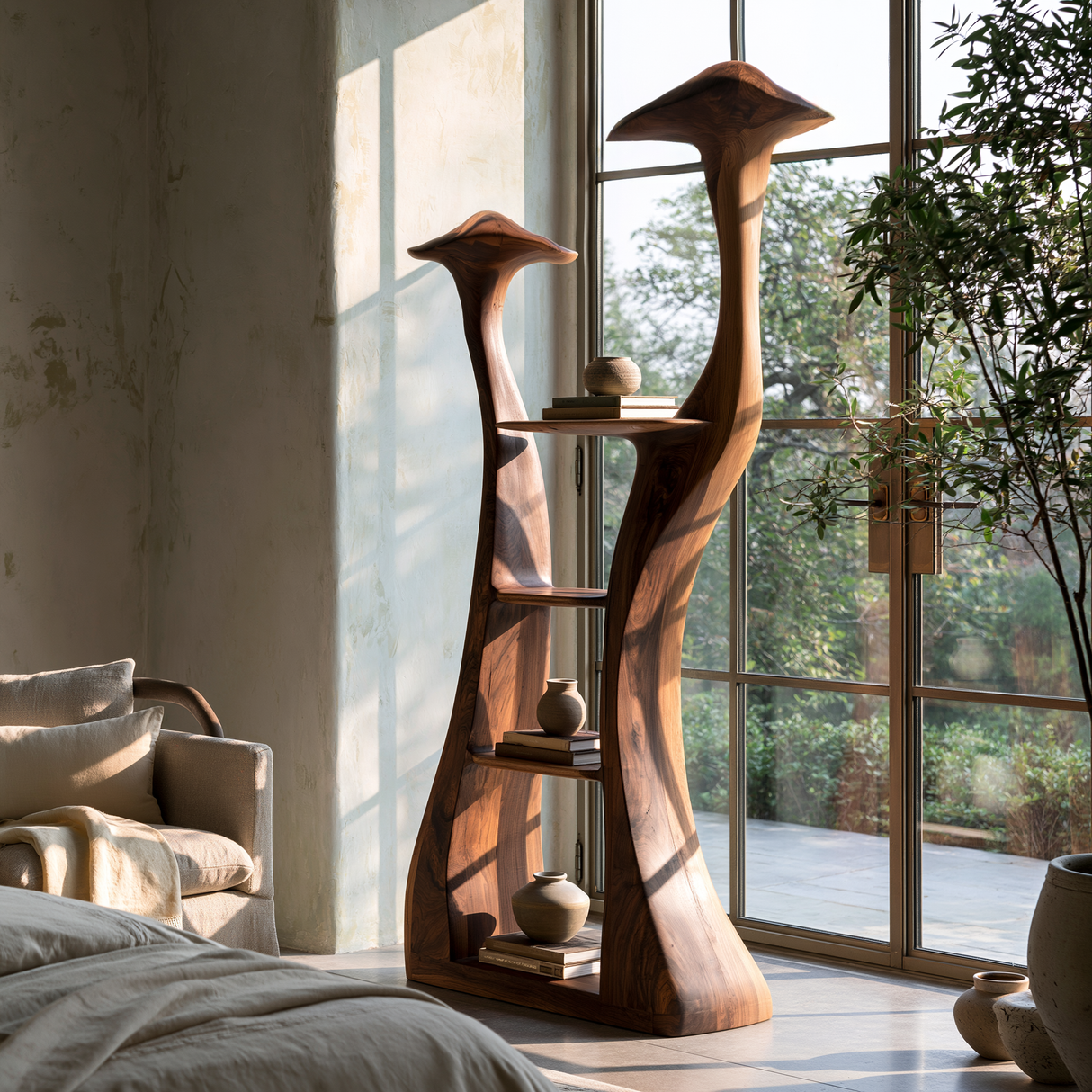 Thaloris Sculpted Solid Wood Mushroom Bookshelf