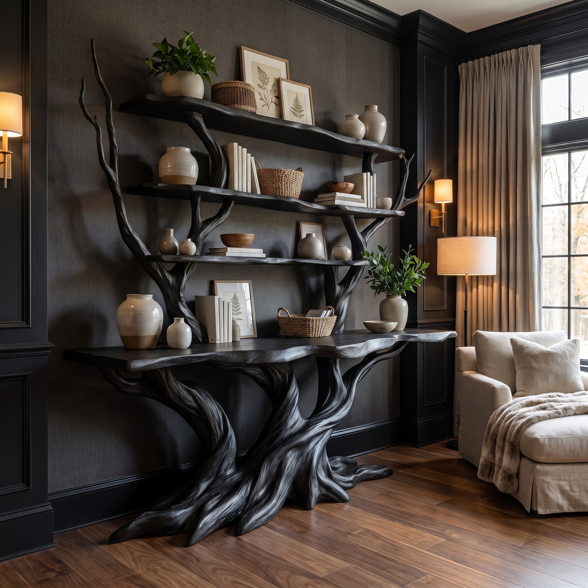 Thalorwyn Sculpted Solid Wood Console Table with Shelves Black - Timberustic Console Table with Shelves