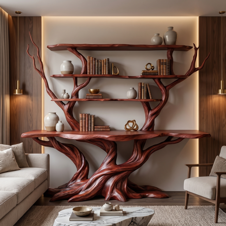 Thalorwyn Sculpted Solid Wood Console Table with Shelves Mahogany - Timberustic Console Table with Shelves