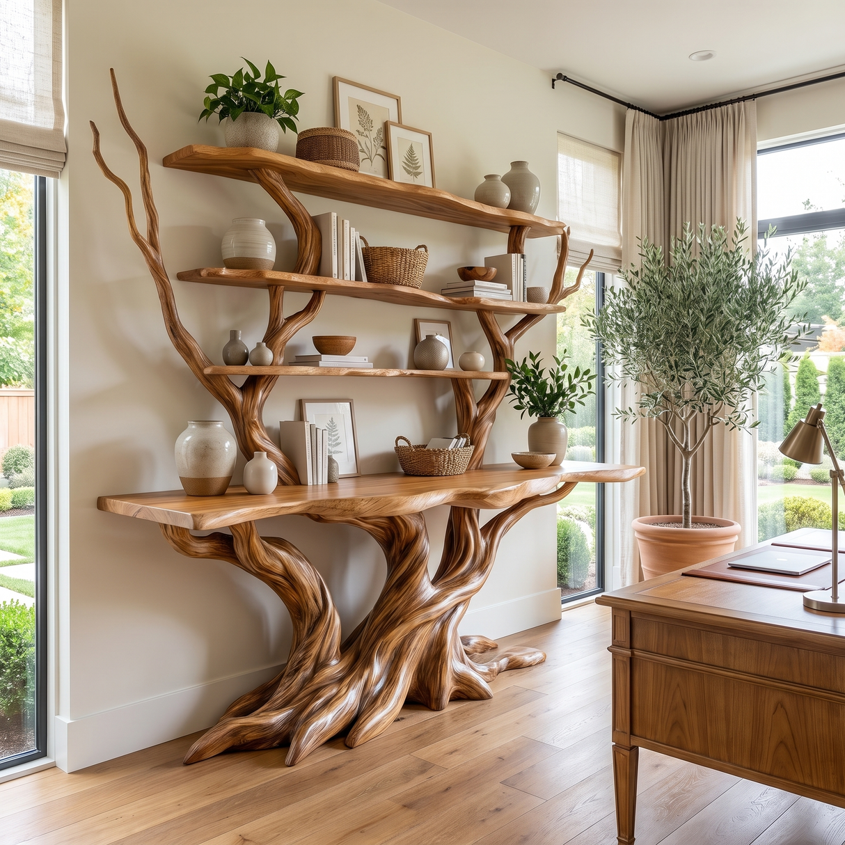 Thalorwyn Sculpted Solid Wood Console Table with Shelves Teak - Timberustic Console Table with Shelves