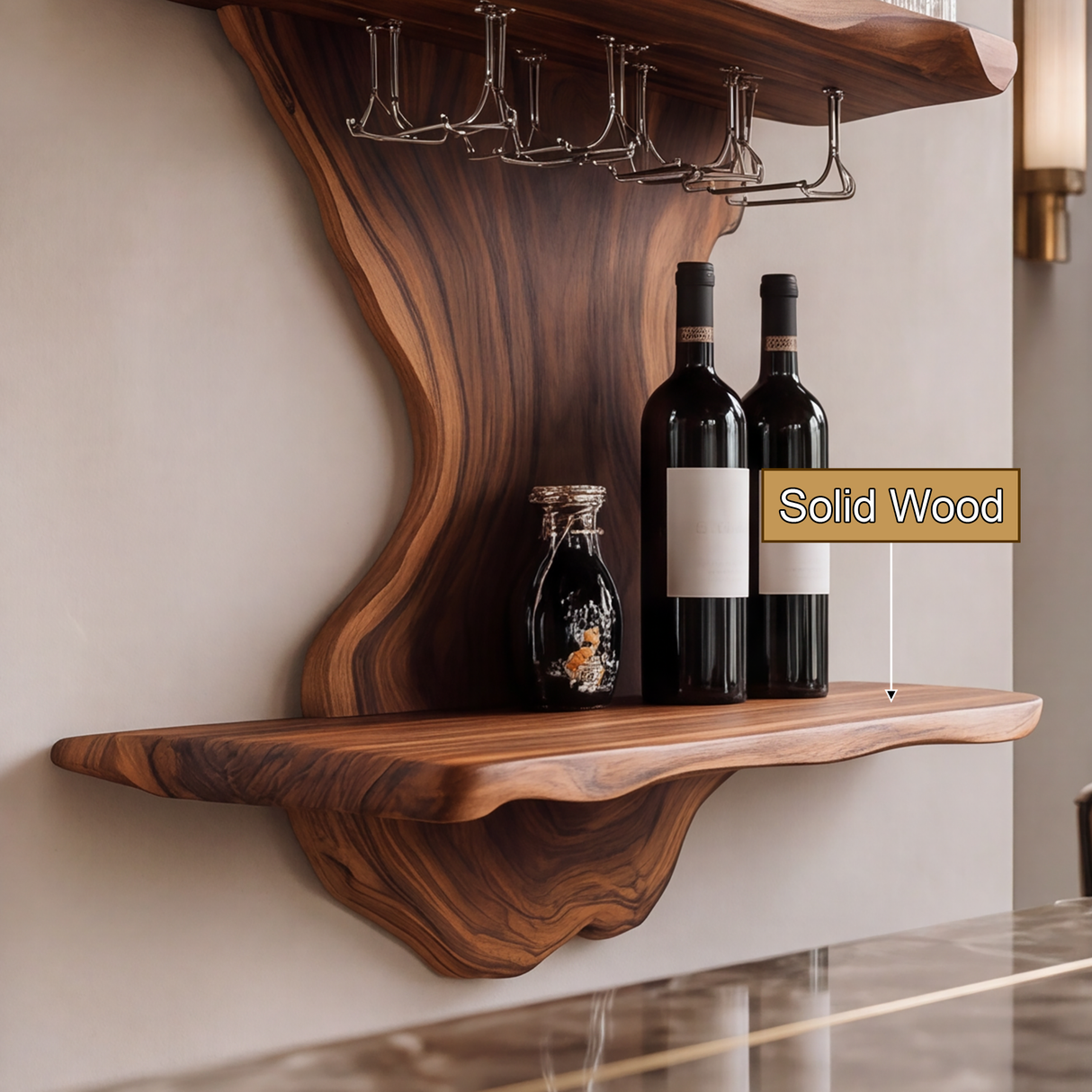 Thalvorn Live Edge Solid Wood Floating Wine Shelf SPA298587