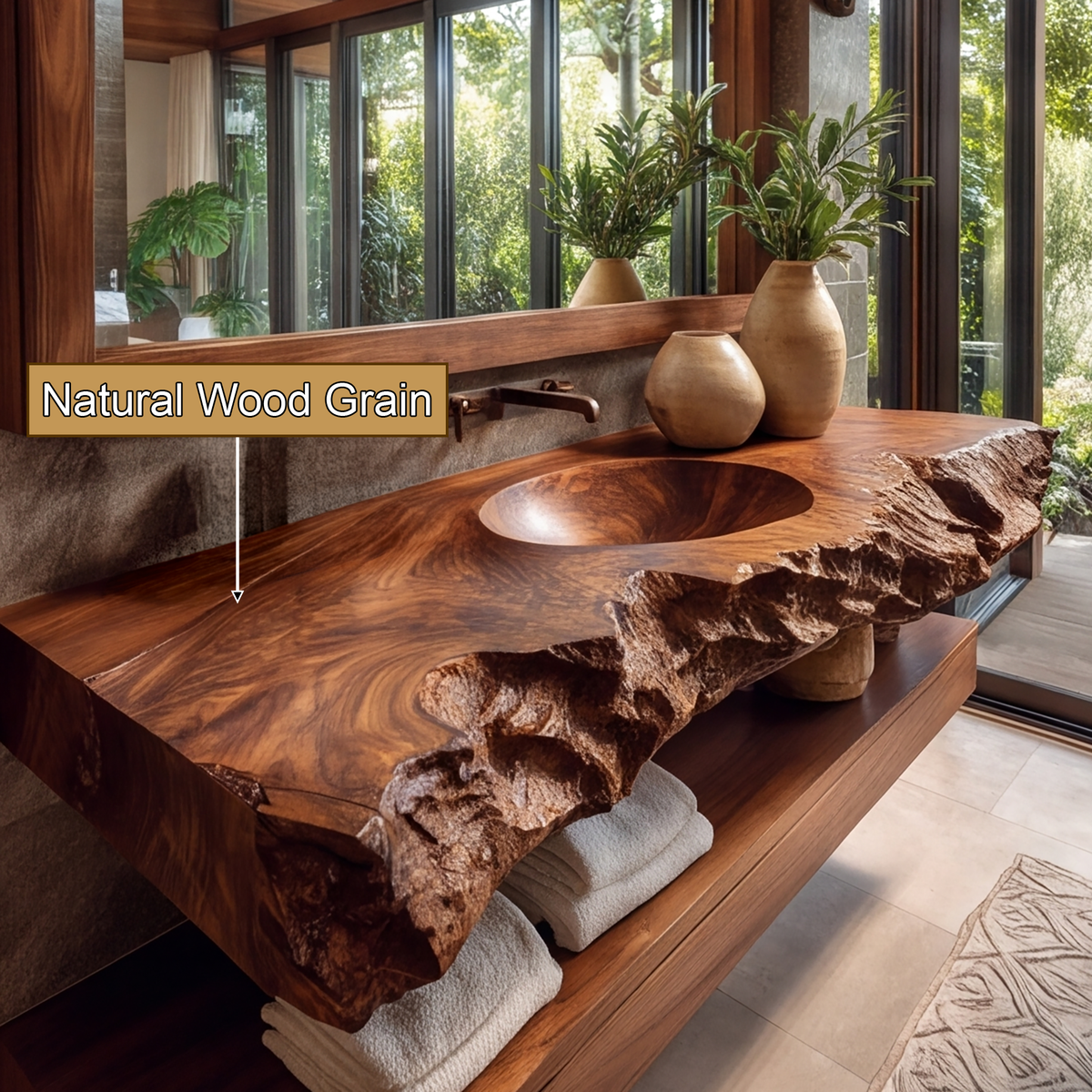 Tharven Rustic Live Edge Solid Wood Floating Bathroom Vanity with Integrated Sink - Timberustic Floating Bathroom Vanity with Integrated Sink