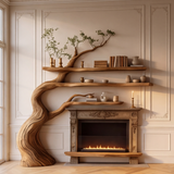Thornmere Sculpted Solid Wood Tree-Shaped Fireplace Mantel with Display Shelves - Timberustic Tree-Shaped Fireplace Mantel with Display Shelves