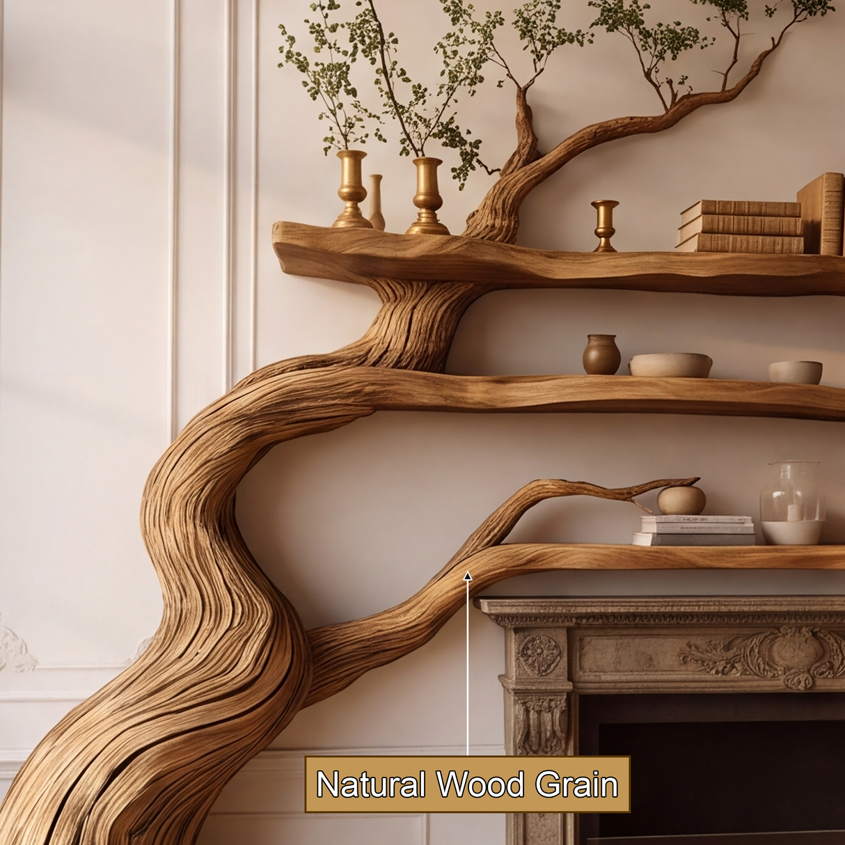 Thornmere Sculpted Solid Wood Tree-Shaped Fireplace Mantel with Display Shelves - Timberustic Tree-Shaped Fireplace Mantel with Display Shelves