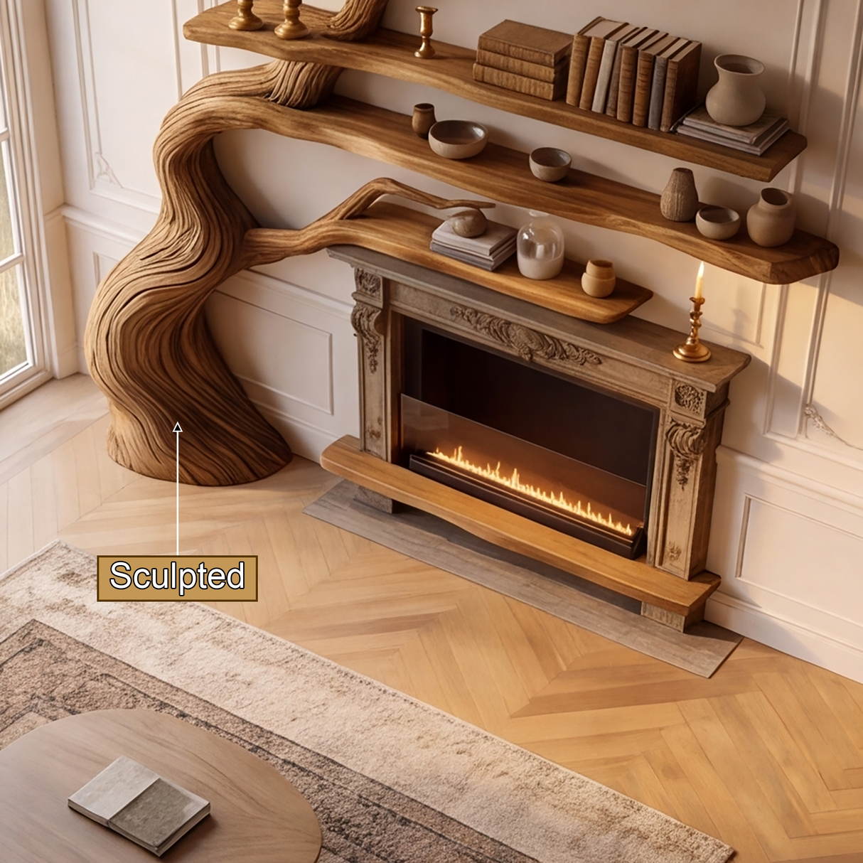 Thornmere Sculpted Solid Wood Tree-Shaped Fireplace Mantel with Display Shelves - Timberustic Tree-Shaped Fireplace Mantel with Display Shelves