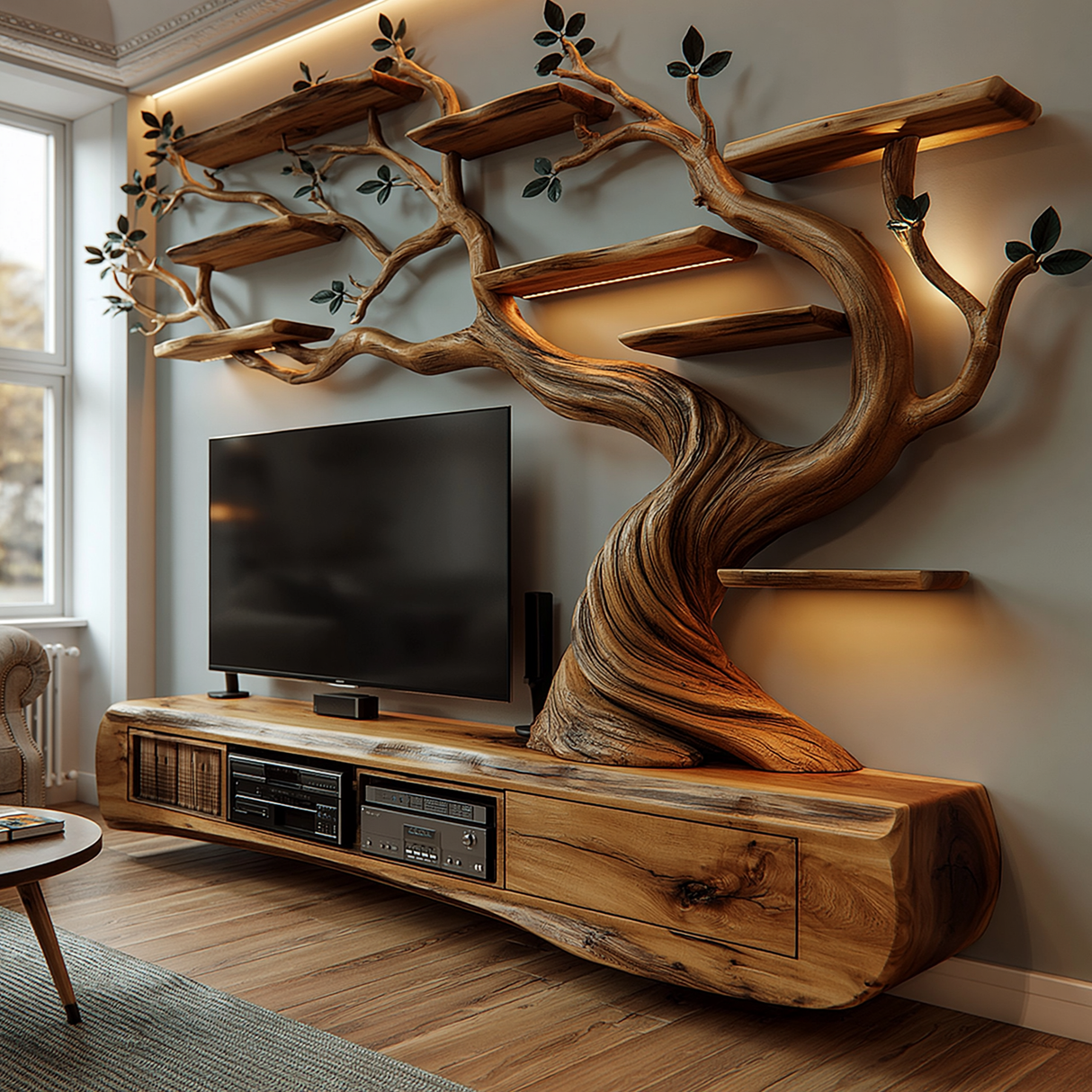 Thornvale Handcrafted Solid Wood Tree TV Console - Timberustic TV Console with Tree Shelf