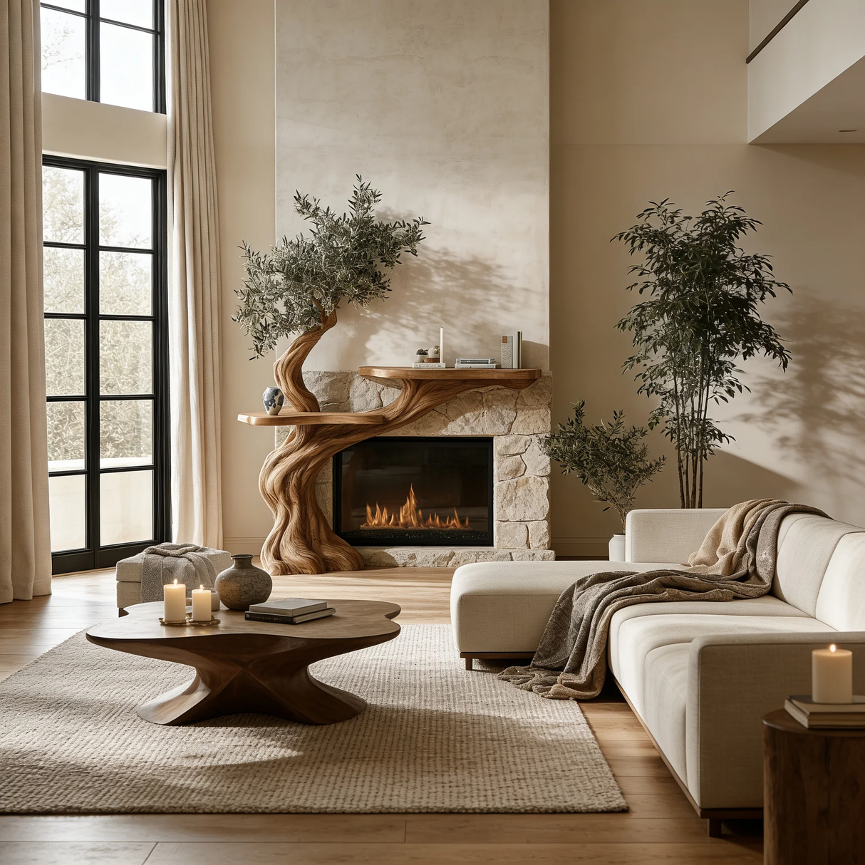 Thornvale Sculpted Solid Wood Tree-Shaped Fireplace Mantel with Display Shelves - Timberustic Tree-Shaped Fireplace Mantel with Display Shelves