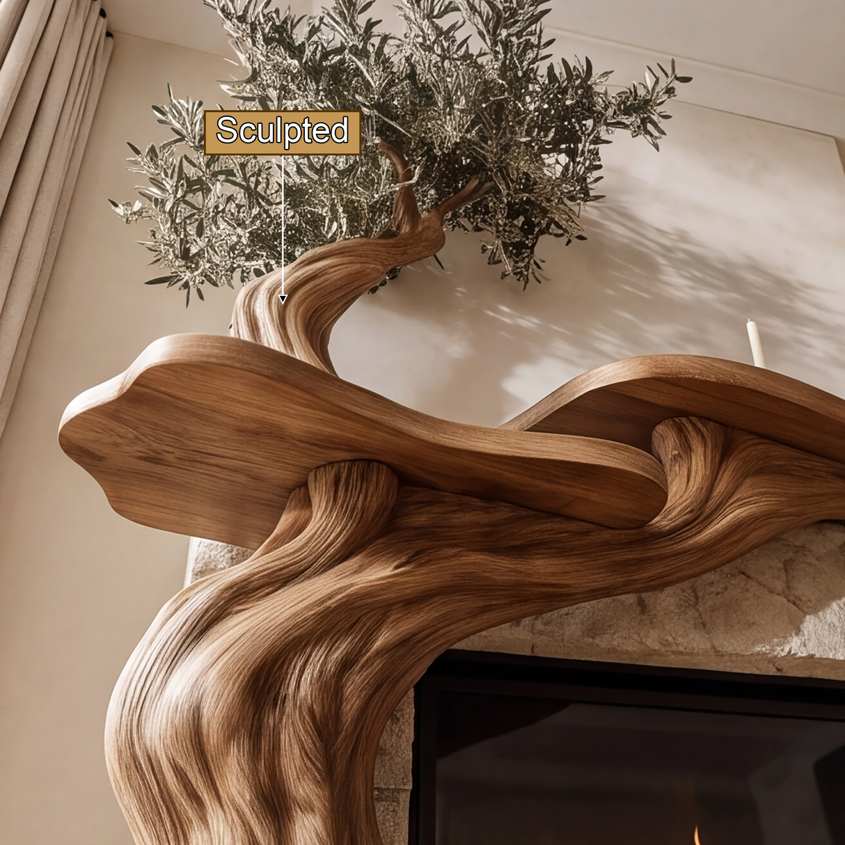 Thornvale Sculpted Solid Wood Tree-Shaped Fireplace Mantel with Display Shelves - Timberustic Tree-Shaped Fireplace Mantel with Display Shelves
