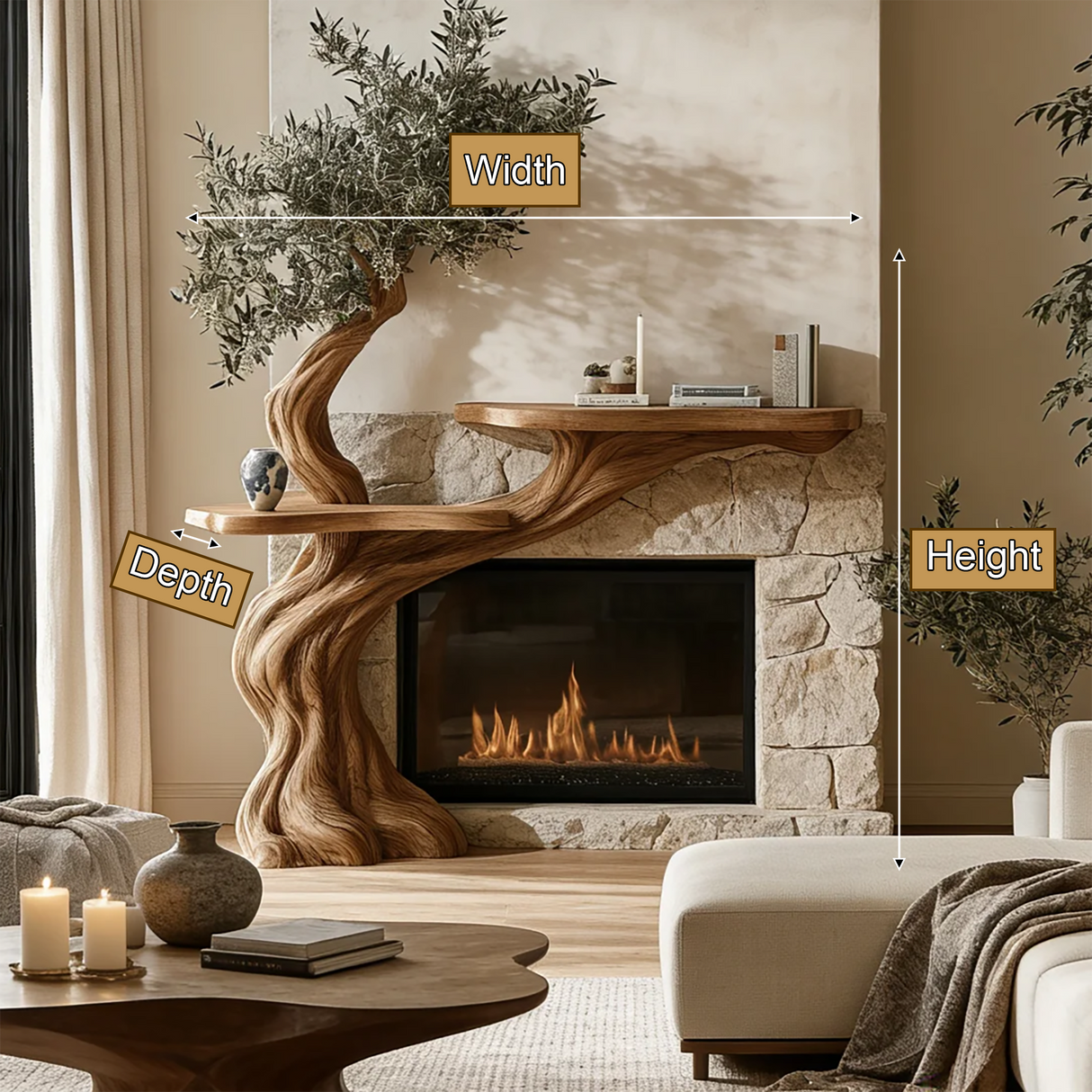Thornvale Sculpted Solid Wood Tree-Shaped Fireplace Mantel with Display Shelves - Timberustic Tree-Shaped Fireplace Mantel with Display Shelves