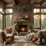 Timberhollow Sculpted Solid Wood Tree-Shaped Fireplace Mantel with Display Shelves - Timberustic Tree-Shaped Fireplace Mantel with Display Shelves