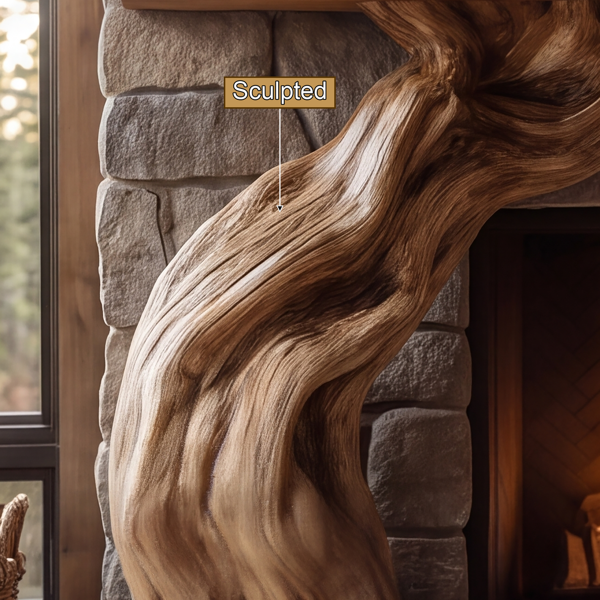 Timberhollow Sculpted Solid Wood Tree-Shaped Fireplace Mantel with Display Shelves - Timberustic Tree-Shaped Fireplace Mantel with Display Shelves