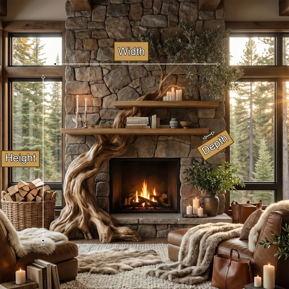 Timberhollow Sculpted Solid Wood Tree-Shaped Fireplace Mantel with Display Shelves - Timberustic Tree-Shaped Fireplace Mantel with Display Shelves