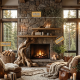 Timberhollow Sculpted Solid Wood Tree-Shaped Fireplace Mantel with Display Shelves - Timberustic Tree-Shaped Fireplace Mantel with Display Shelves