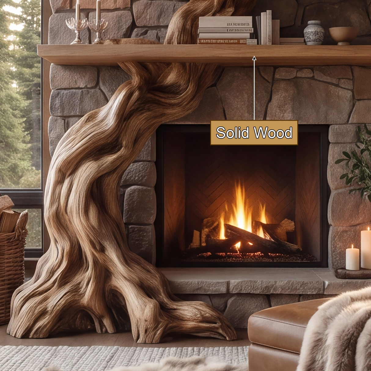 Timberhollow Sculpted Solid Wood Tree-Shaped Fireplace Mantel with Display Shelves - Timberustic Tree-Shaped Fireplace Mantel with Display Shelves