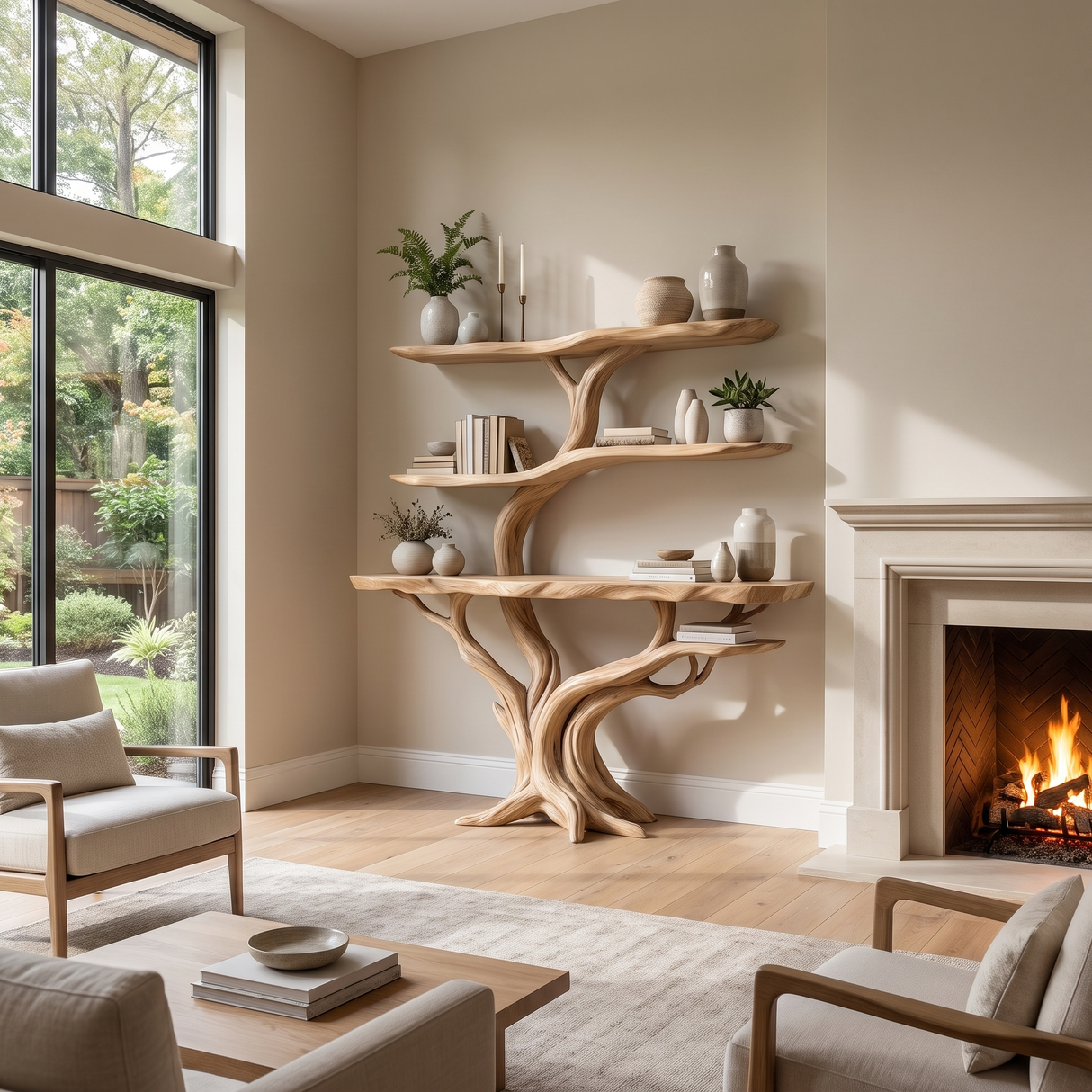 Vaelthorn Handcrafted Tree Console Table with Shelves Natural Oak - Timberustic Console Table with Shelves