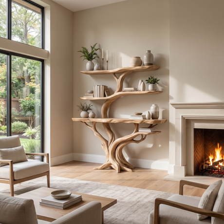 Vaelthorn Handcrafted Tree Console Table with Shelves Natural Oak - Timberustic Console Table with Shelves