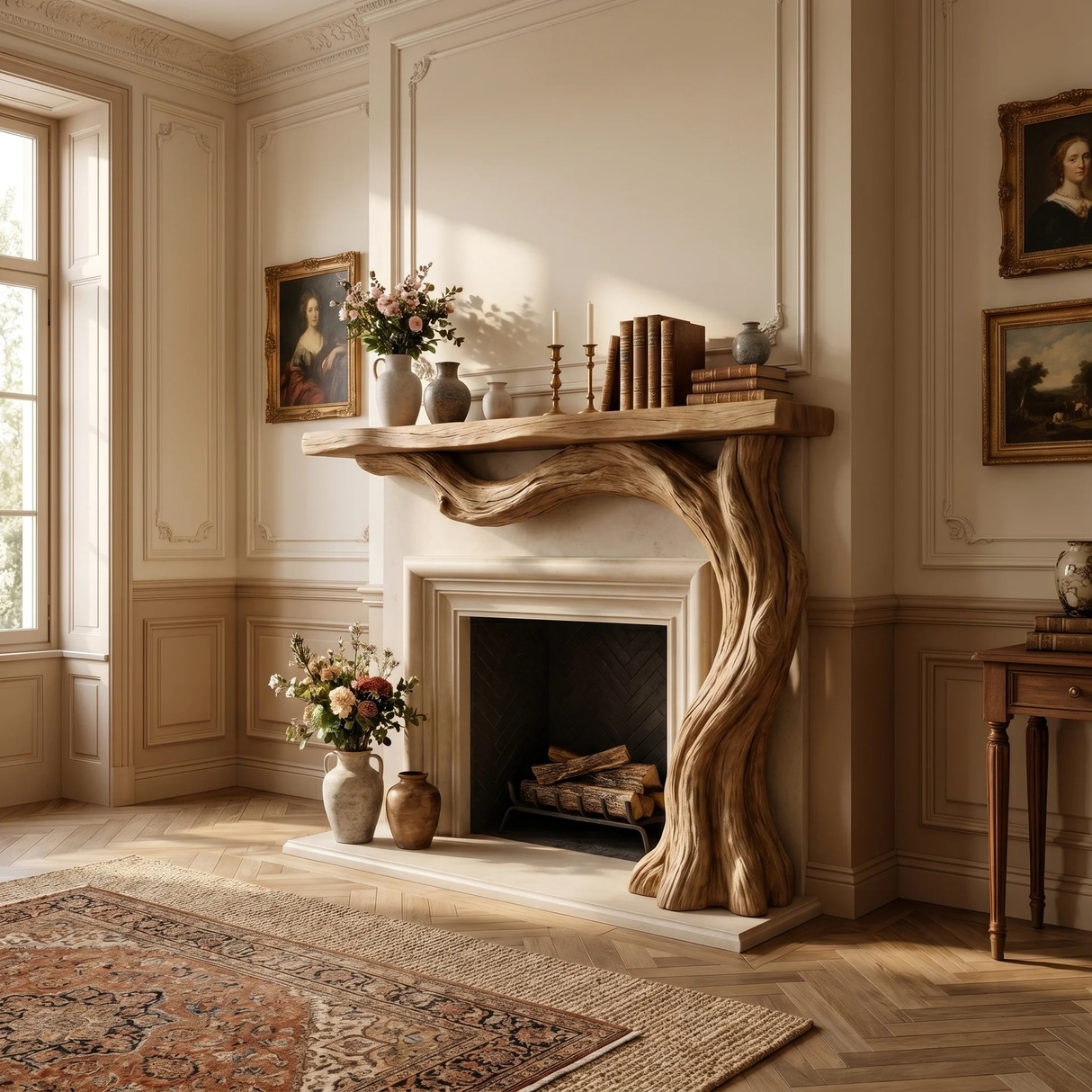 Valemere Sculpted Solid Wood Tree-Shaped Fireplace Mantel with Display Shelves - Timberustic Tree-Shaped Fireplace Mantel with Display Shelves