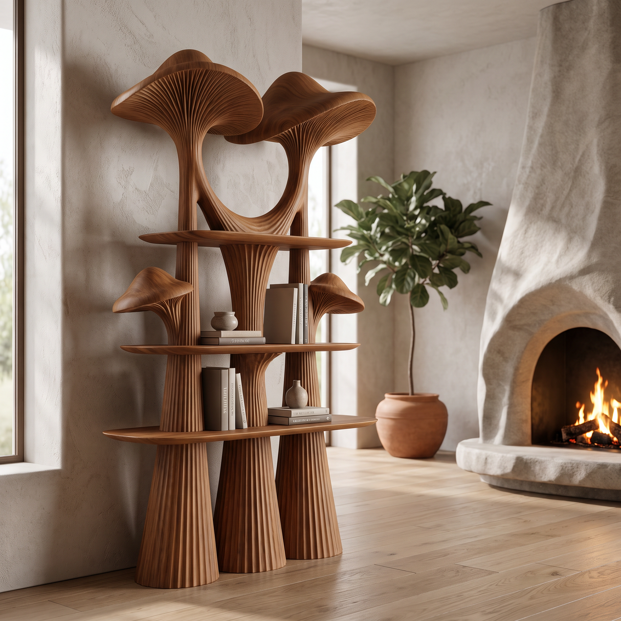 Velmora Sculpted Solid Wood Mushroom Bookshelf