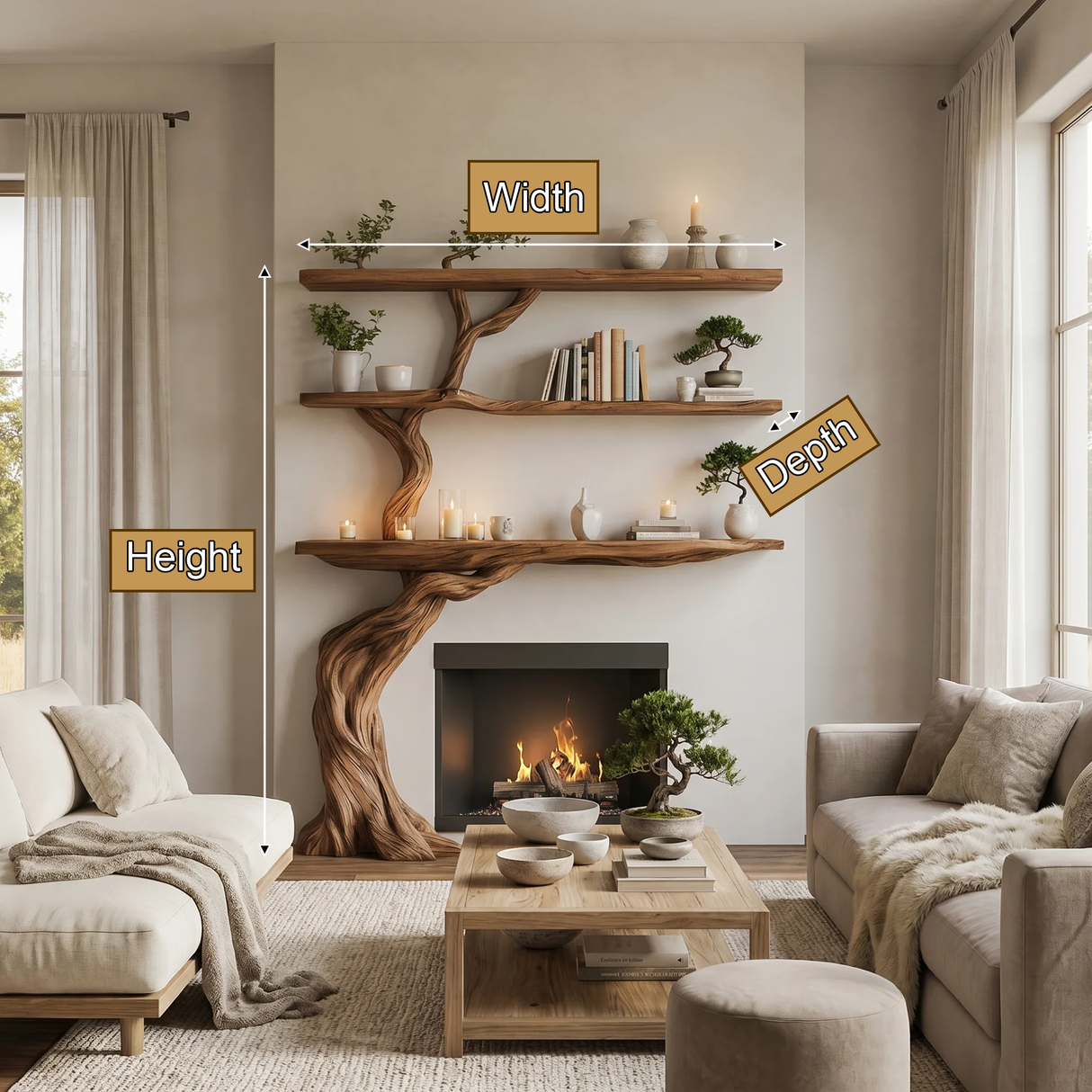 Verdantis Sculpted Solid Wood Tree-Shaped Fireplace Mantel with Display Shelves - Timberustic Tree-Shaped Fireplace Mantel with Display Shelves