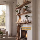 Verdantis Sculpted Solid Wood Tree-Shaped Fireplace Mantel with Display Shelves - Timberustic Tree-Shaped Fireplace Mantel with Display Shelves