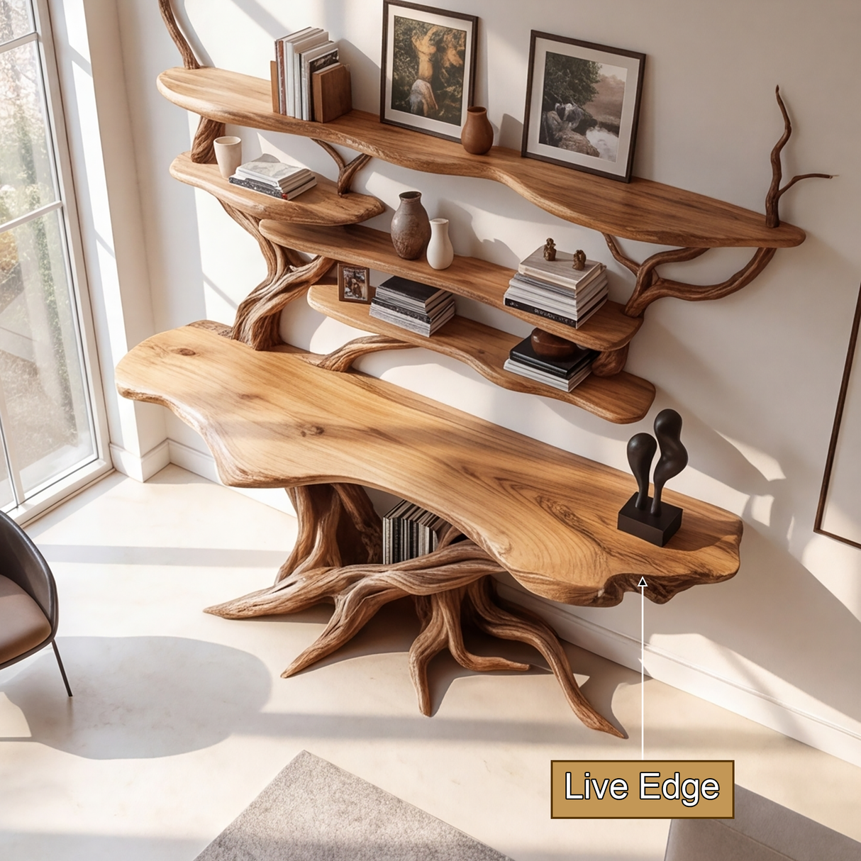 Virellan Sculpted Solid Wood Console Table with Shelves - Timberustic Console Table with Shelves