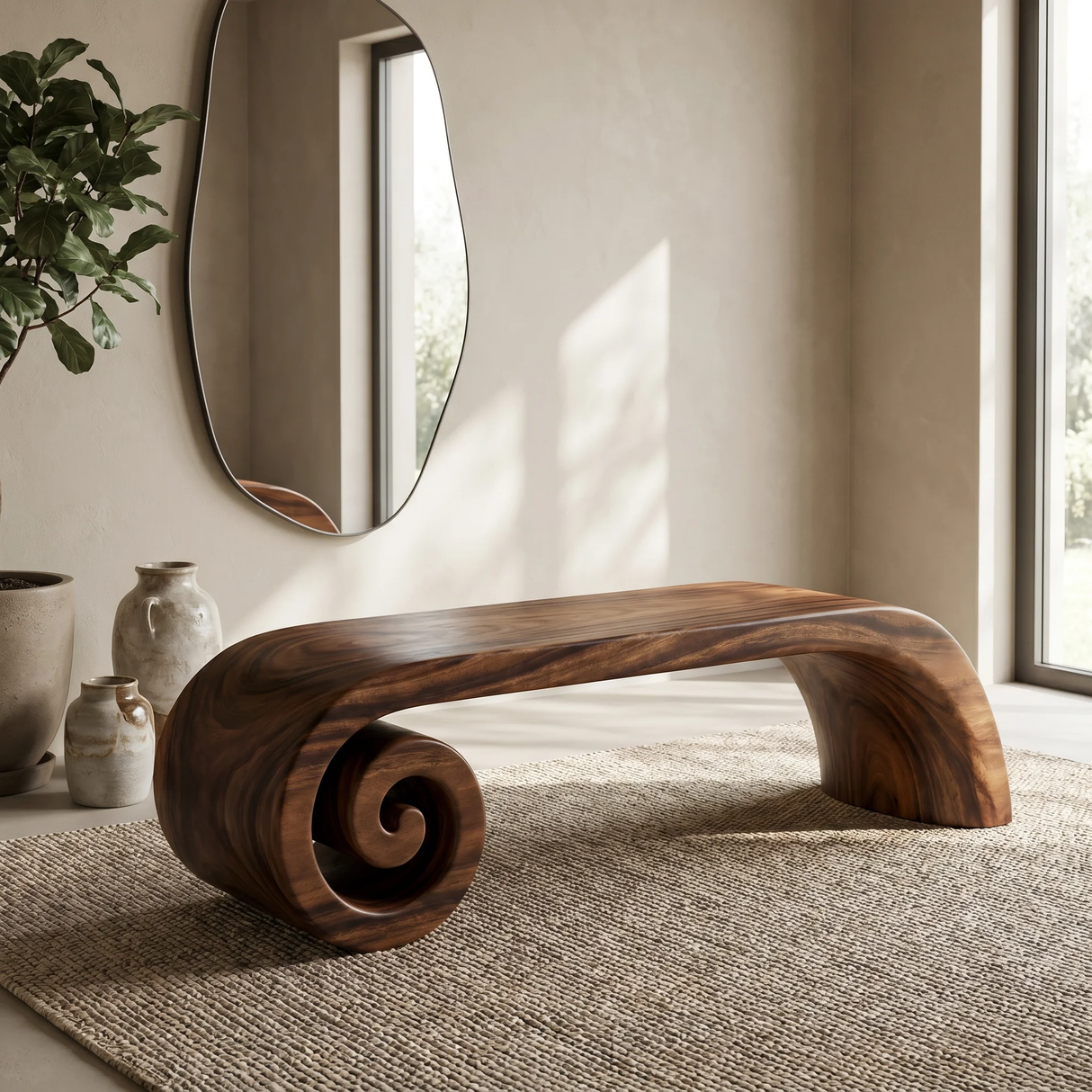 Volutra Sculpted Solid Wood Indoor Bench