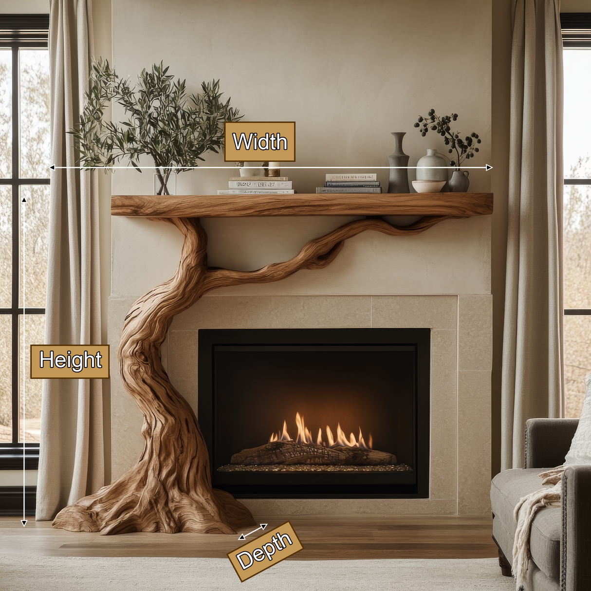 Wildercrest Sculpted Solid Wood Tree-Shaped Fireplace Mantel with Display Shelves - Timberustic Tree-Shaped Fireplace Mantel with Display Shelves