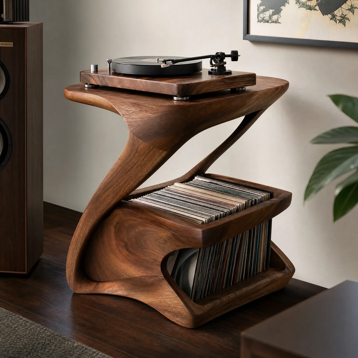 Zephora Sculpted Solid Wood Record Player Stand - Timberustic Record Player Stand With Storage