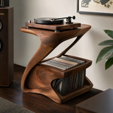 Zephora Sculpted Solid Wood Record Player Stand - Timberustic Record Player Stand With Storage