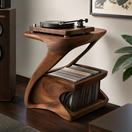 Zephora Sculpted Solid Wood Record Player Stand - Timberustic Record Player Stand With Storage