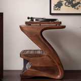 Zephora Sculpted Solid Wood Record Player Stand - Timberustic Record Player Stand With Storage