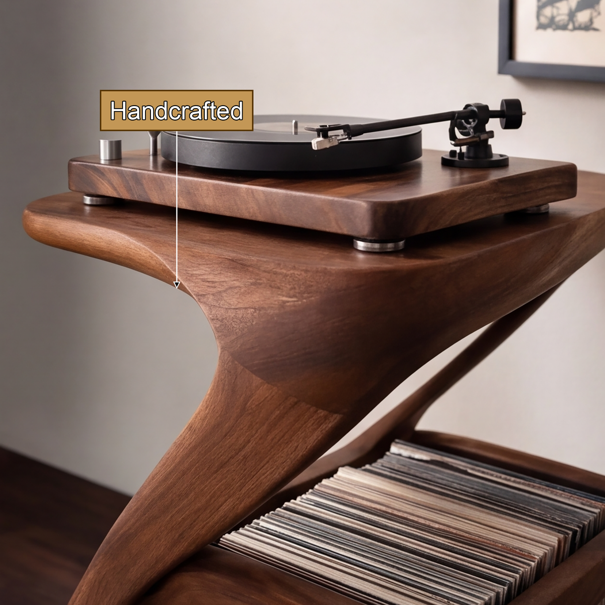 Zephora Sculpted Solid Wood Record Player Stand - Timberustic Record Player Stand With Storage