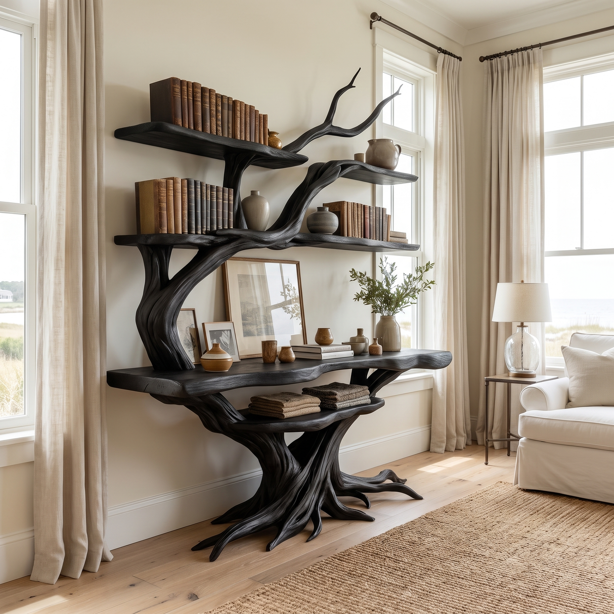 Zephyros Sculpted Solid Wood Console Table with Shelves Black - Timberustic Console Table with Shelves