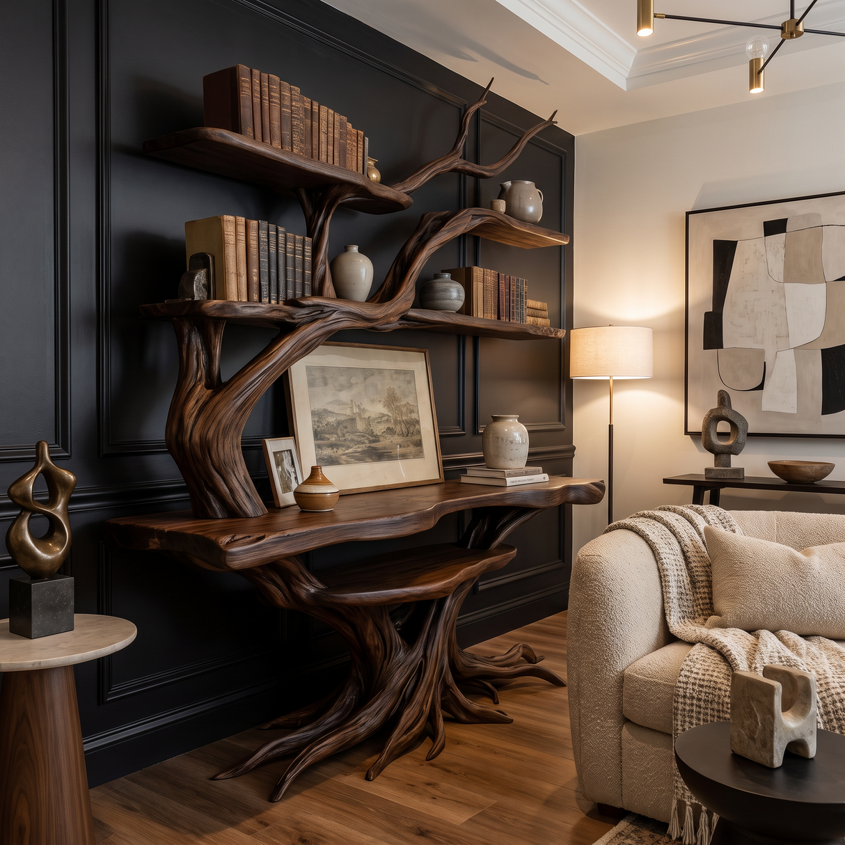 Zephyros Sculpted Solid Wood Console Table with Shelves Dark Walnut - Timberustic Console Table with Shelves