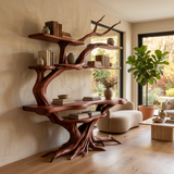 Zephyros Sculpted Solid Wood Console Table with Shelves Mahogany - Timberustic Console Table with Shelves
