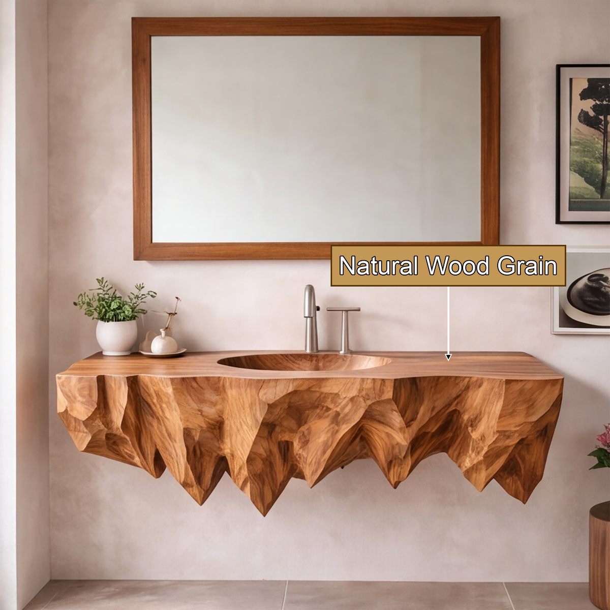 Zerith Sculptural Solid Wood Floating Bathroom Vanity with Integrated Sink - Timberustic Floating Bathroom Vanity with Integrated Sink