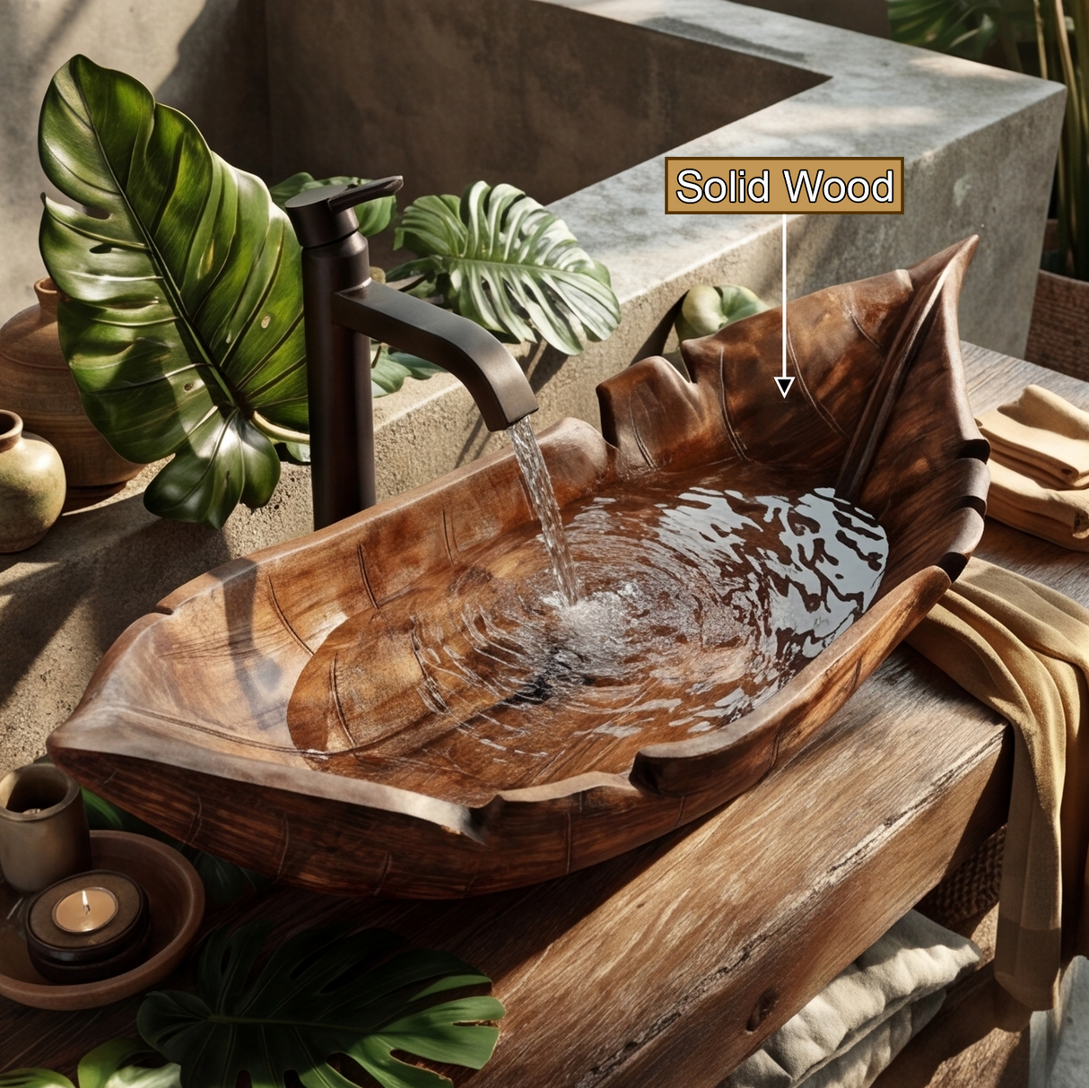 Tropalis Handcrafted Solid Wood Leaf Vessel Sink