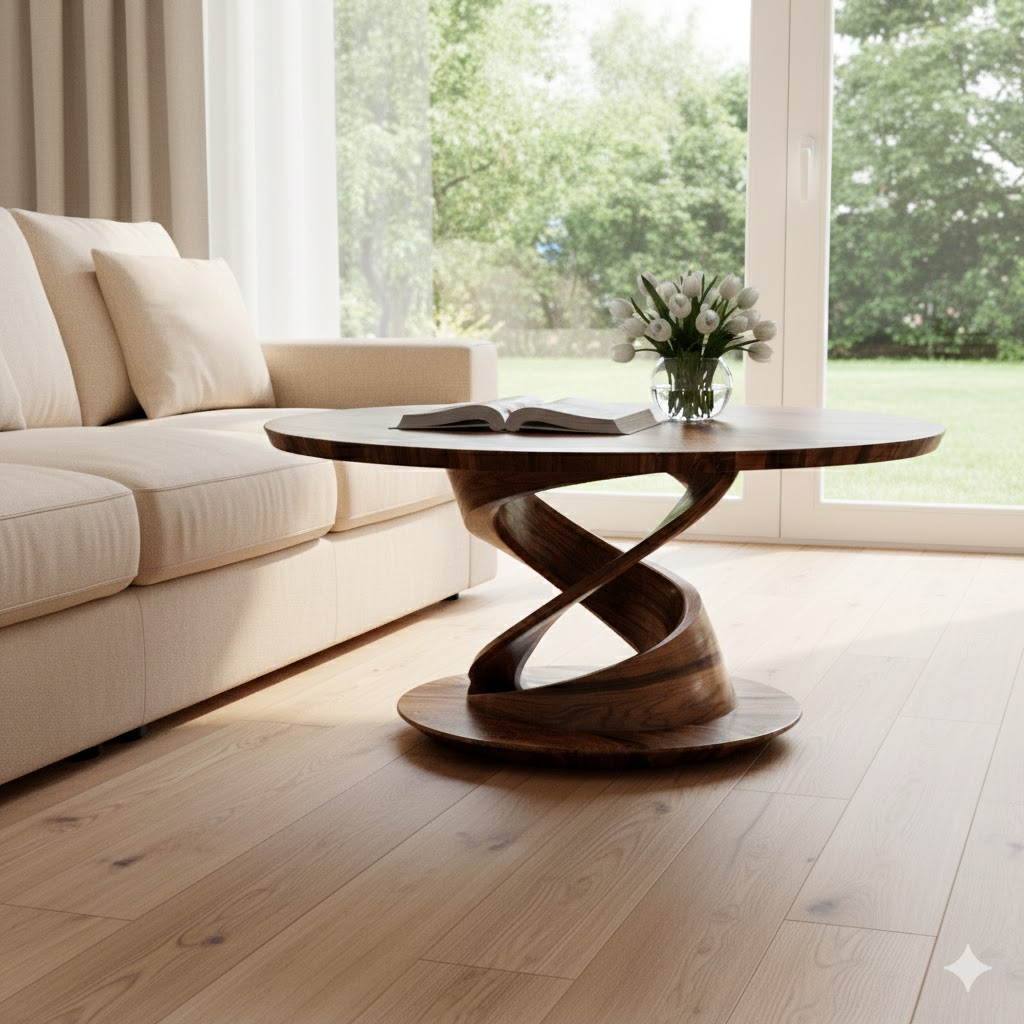 Twistcrest Sculpted Solid Wood Round Coffee Table