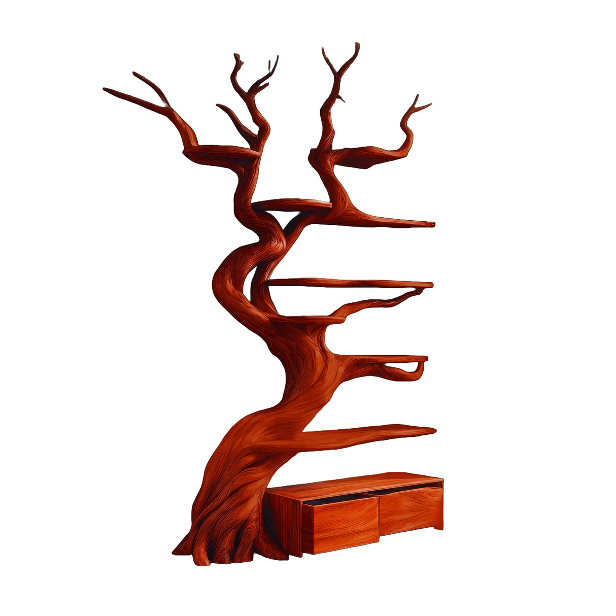 Vaelor Organic Modern Tree Bookshelf with Drawers Mahogany - Timberustic Tree Bookshelf