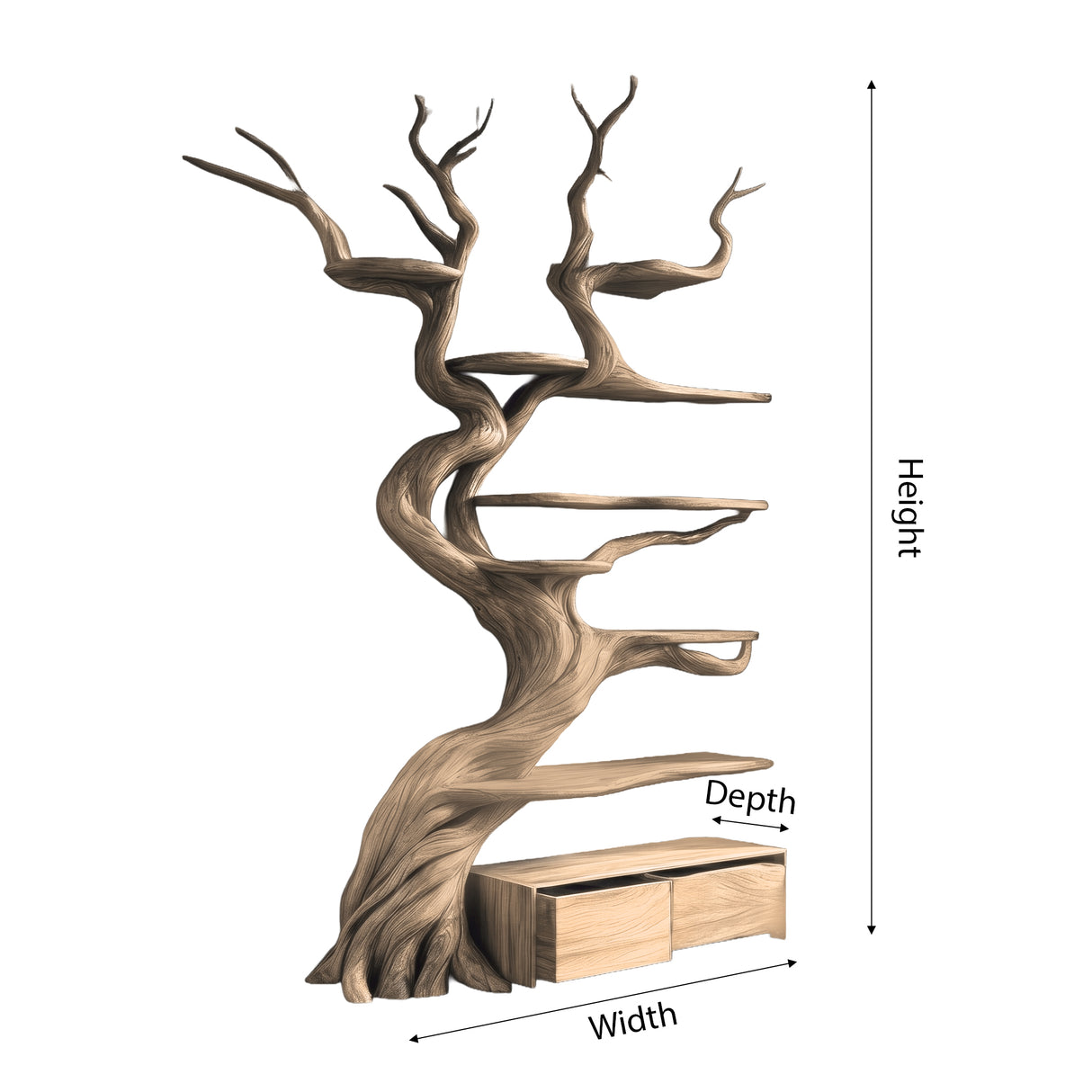 Vaelor Organic Modern Tree Bookshelf with Drawers - Timberustic Tree Bookshelf