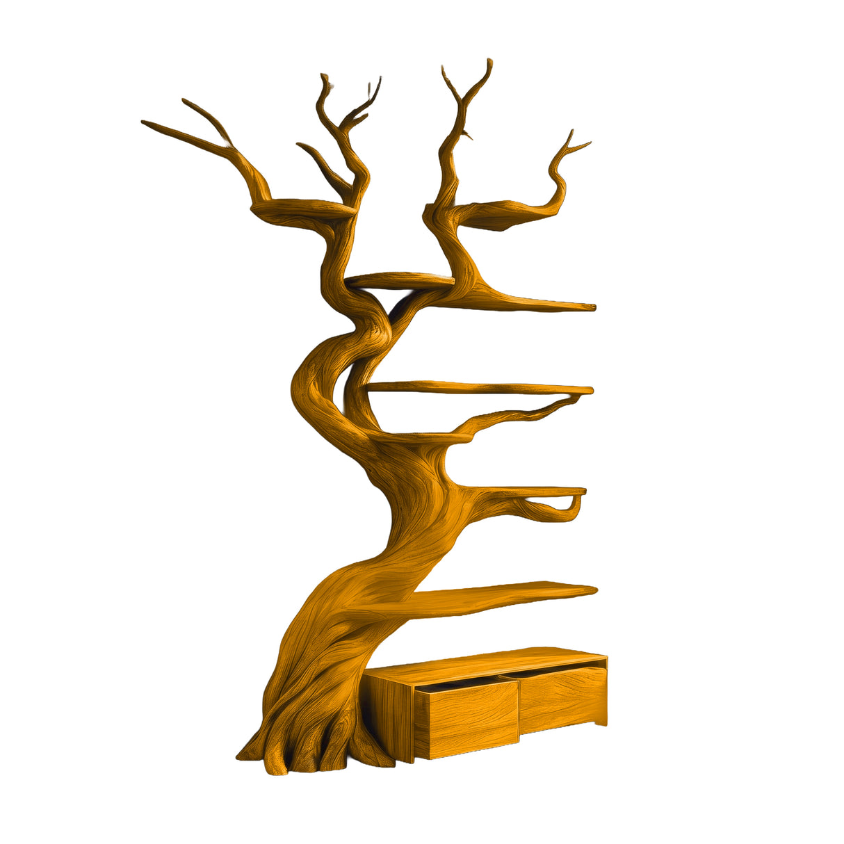 Vaelor Organic Modern Tree Bookshelf with Drawers Teak - Timberustic Tree Bookshelf