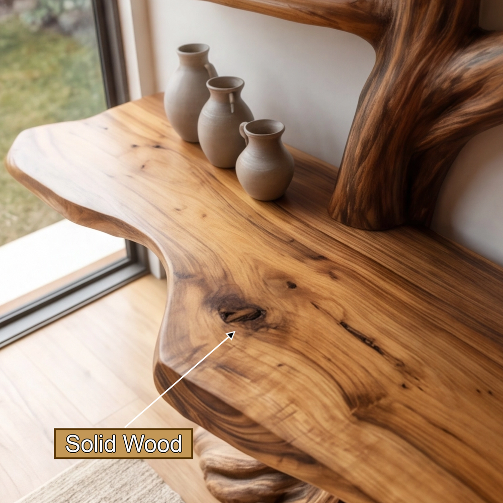 Vaelor Sculpted Solid Wood Console Table with Shelves, Organic Modern ...