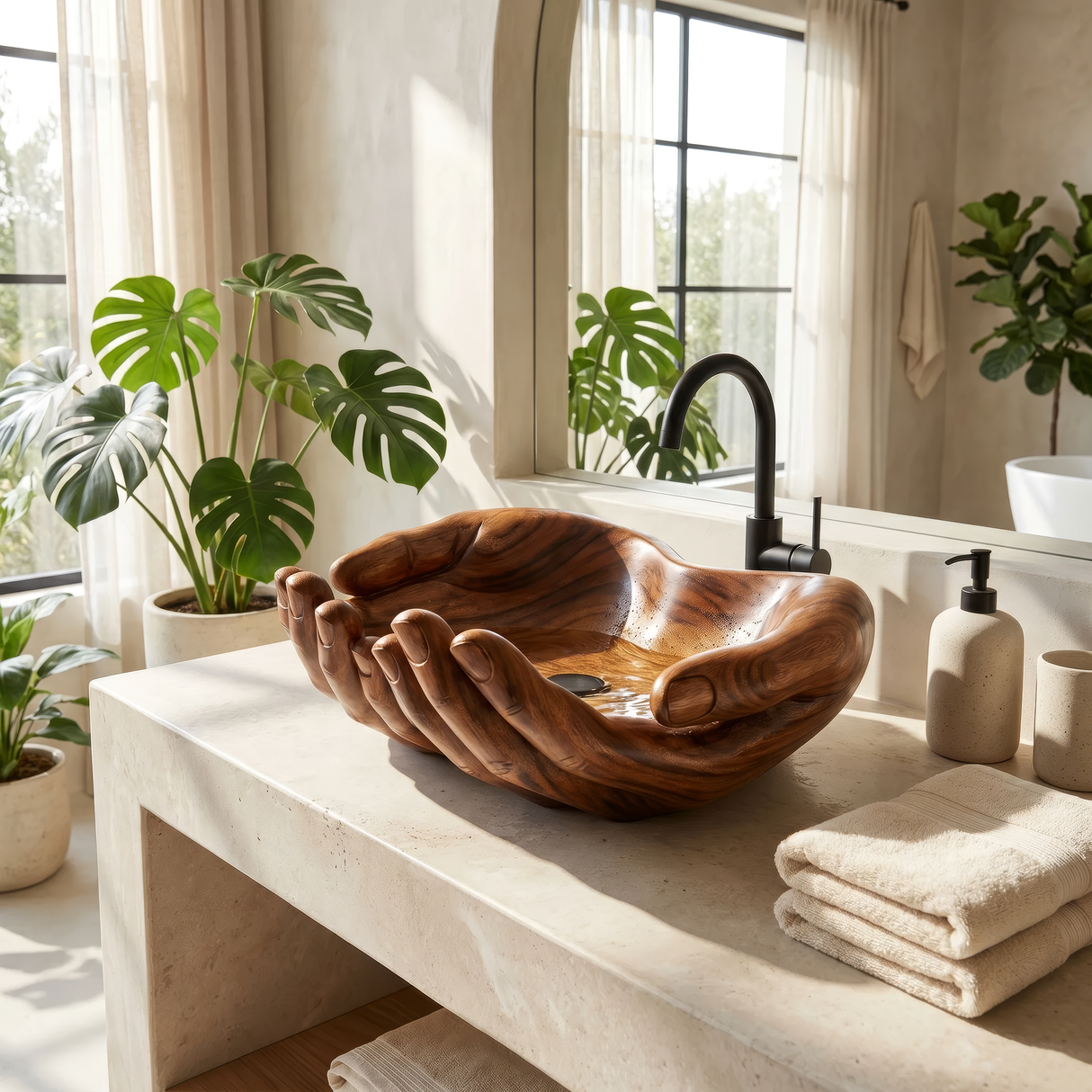 Vaelorin Handcrafted Solid Wood Hands-Shaped Vessel Sink