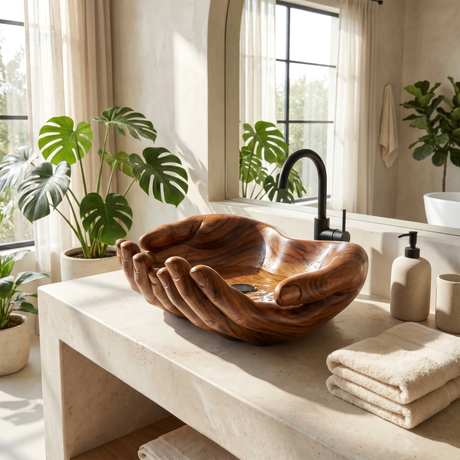 Vaelorin Handcrafted Solid Wood Hands-Shaped Vessel Sink - Timberustic Vessel Sinks