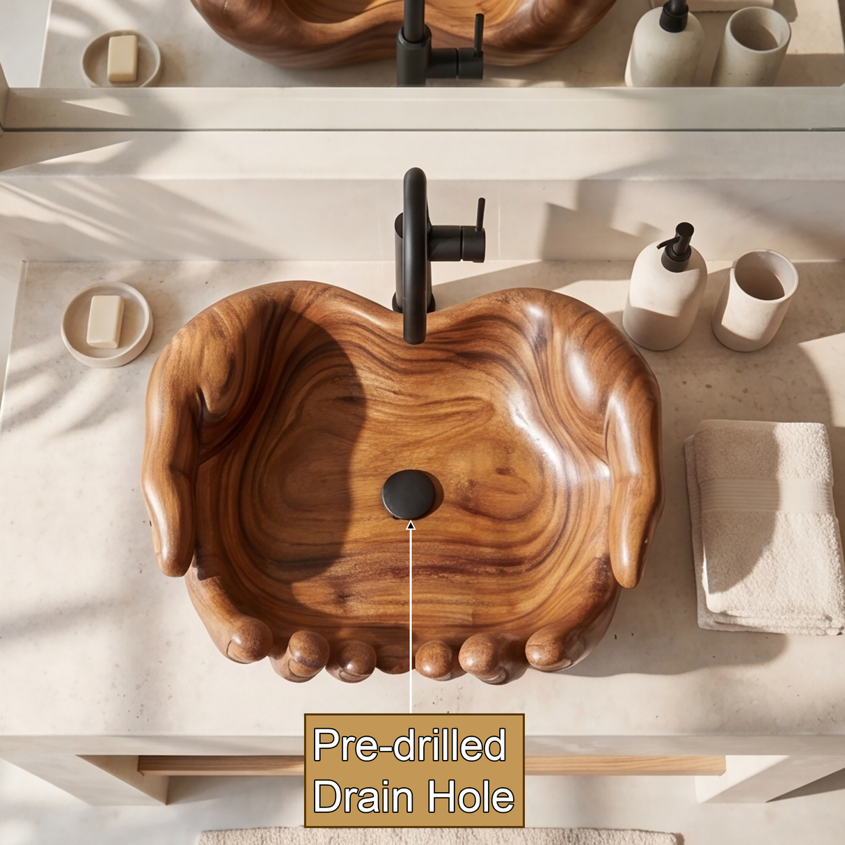 Vaelorin Handcrafted Solid Wood Hands-Shaped Vessel Sink