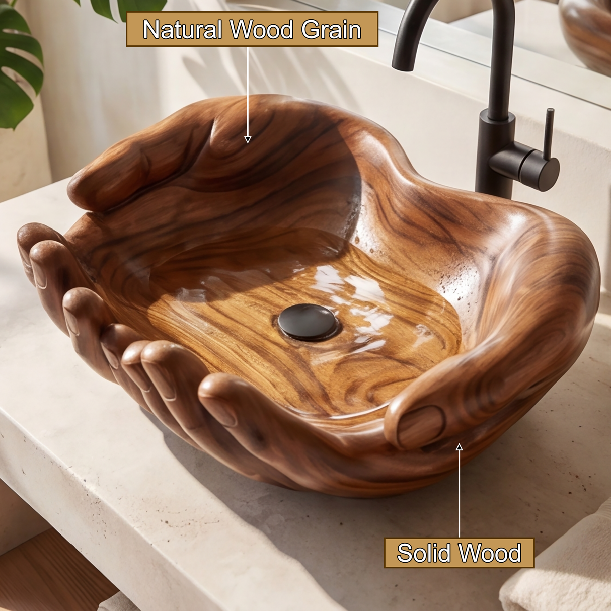 Vaelorin Handcrafted Solid Wood Hands-Shaped Vessel Sink
