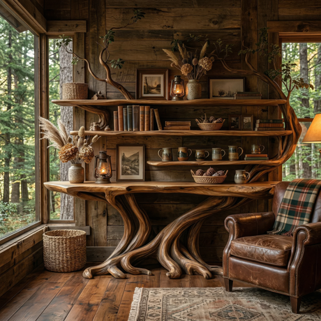 Vaelorin Sculpted Solid Wood Console Table with Shelves - Timberustic Console Table with Shelves