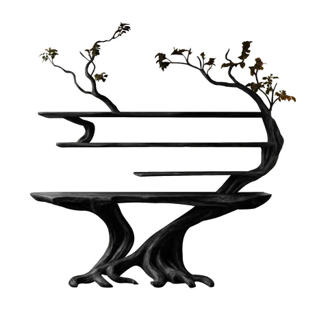 Vaelorin Sculpted Solid Wood Console Table with Shelves Black - Timberustic Console Table with Shelves