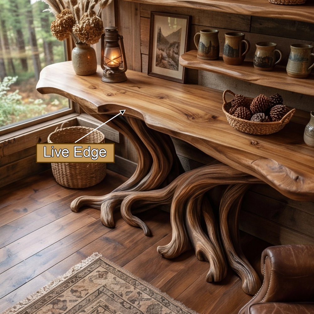 Vaelorin Sculpted Solid Wood Console Table with Shelves, Live Edge ...